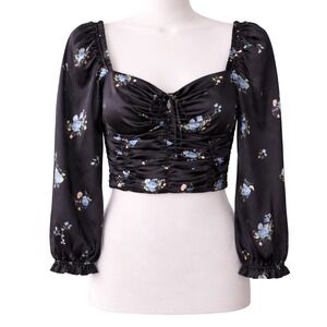 Y2K Black Floral Milkmaid Top Puff Sleeve Smocked Coquette Cottagecore Womens L